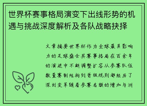 世界杯赛事格局演变下出线形势的机遇与挑战深度解析及各队战略抉择